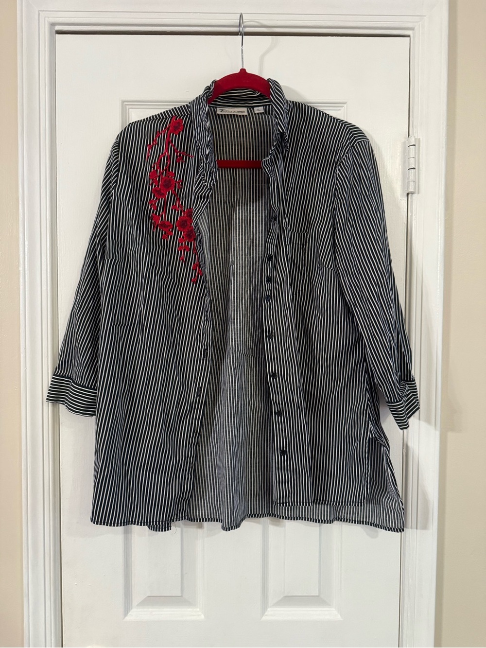 Striped Black & White Button-Down Shirt with Red Floral Embroidery